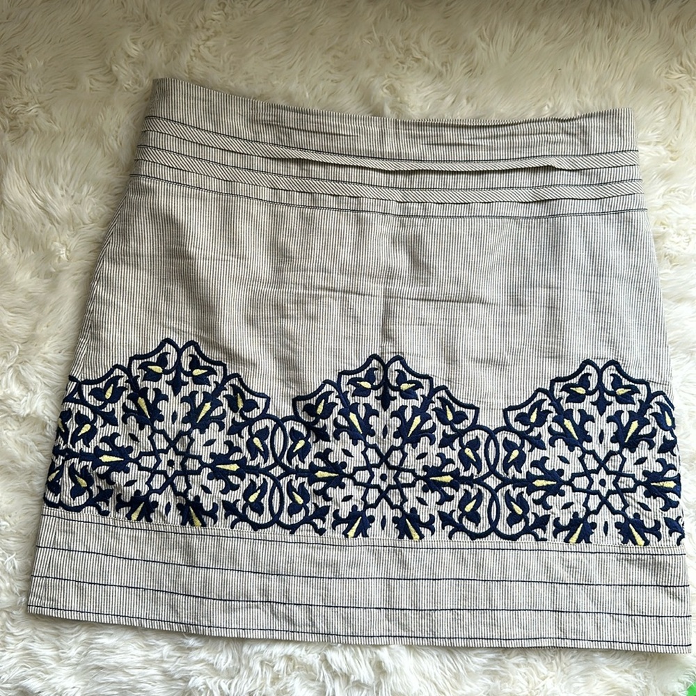 Floreat Skirt Womens Embroidered Stripe Blue Pleated Waist Boho Straight